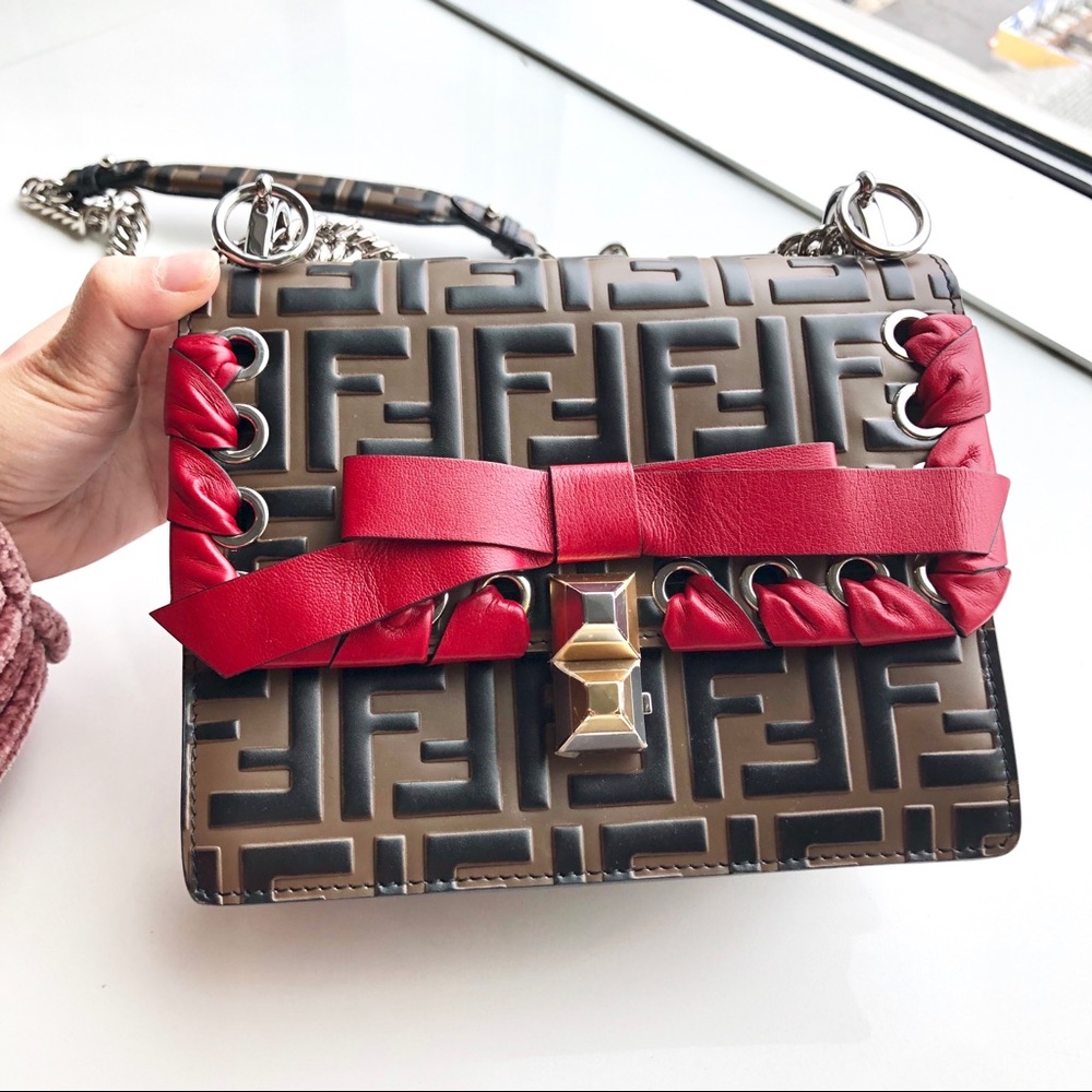 Fendi Kan I FF Embossed Shoulder Bag with Ribbon